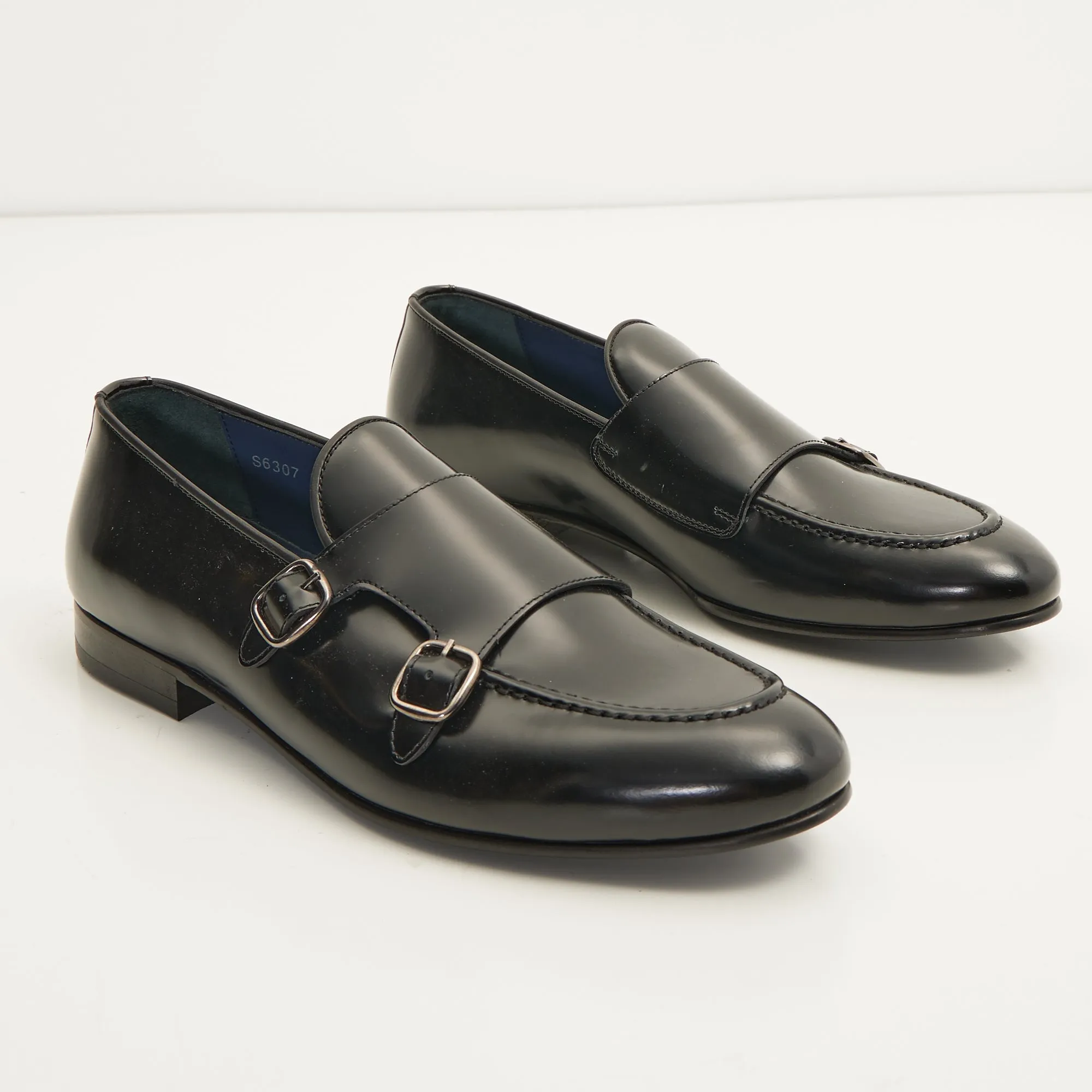 Leather Double Monk Strap Shoes - Black