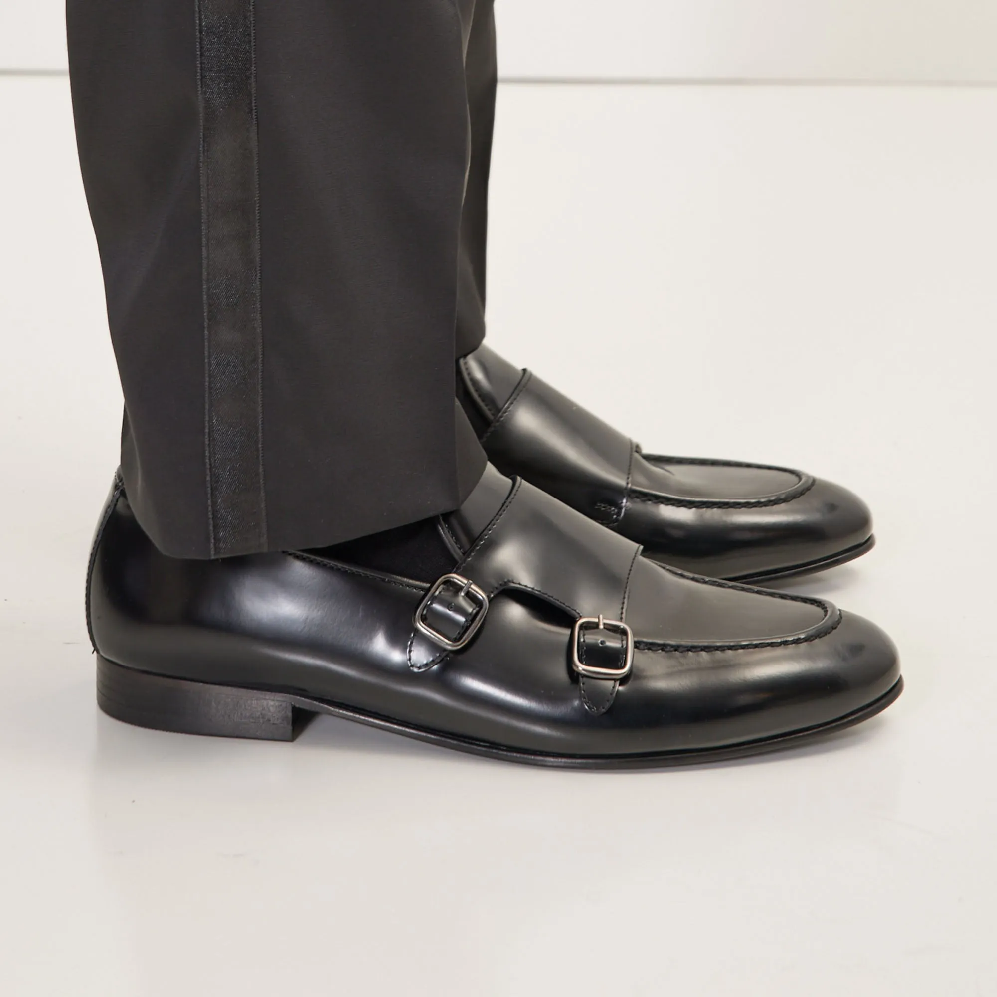 Leather Double Monk Strap Shoes - Black