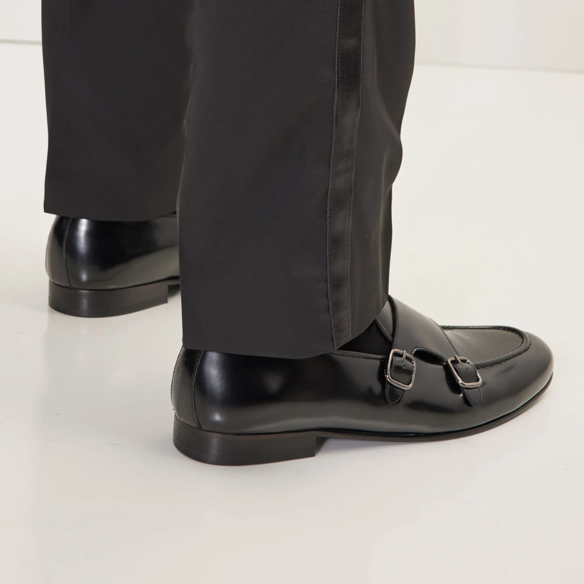 Leather Double Monk Strap Shoes - Black