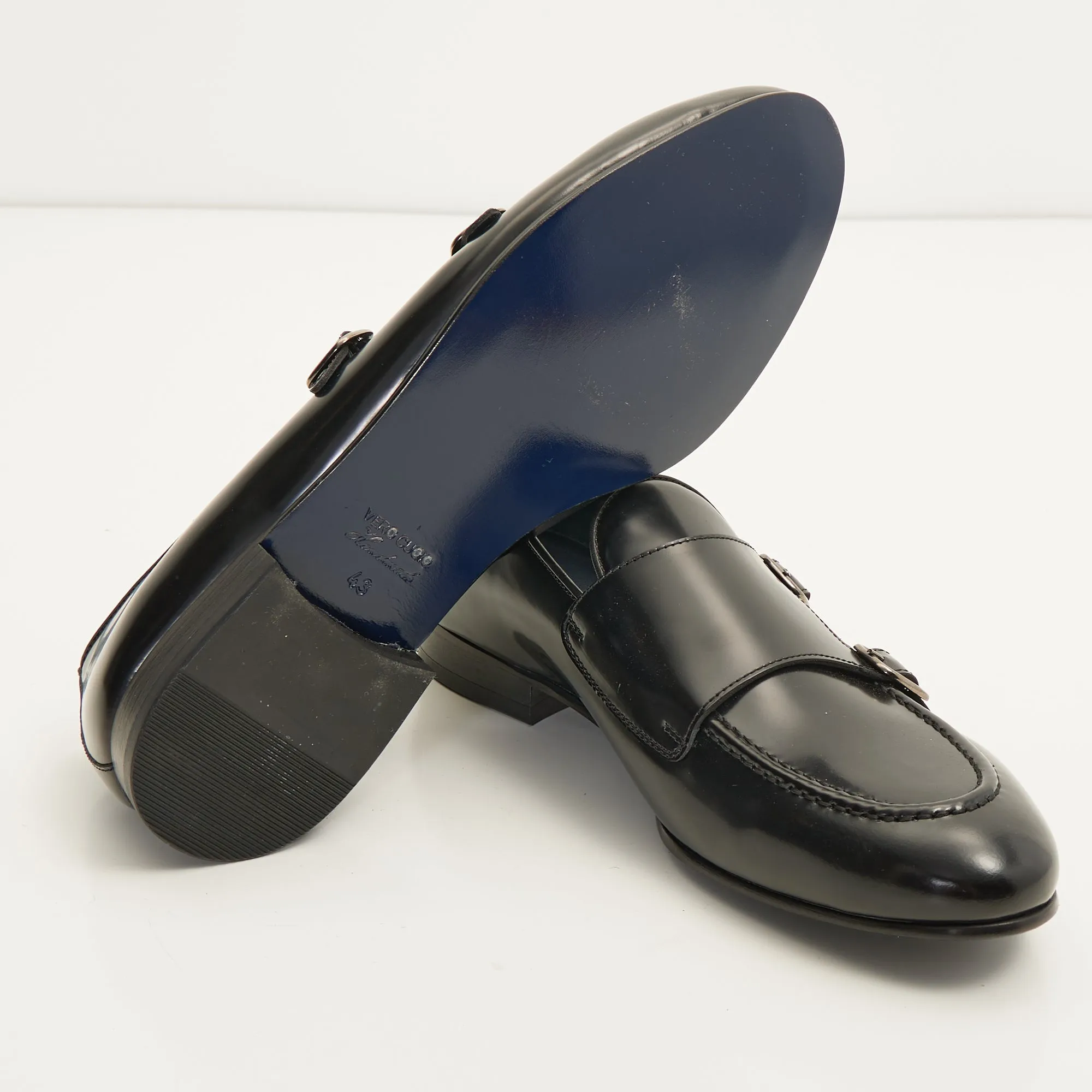 Leather Double Monk Strap Shoes - Black