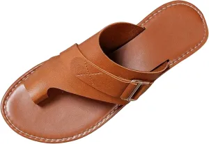 Leather Flat Sandals for Women Open Toe Ring Loop Strap Flip Flops Clip Toe Slip on Slide Sandals, Bunion Correction Leather Slippers Casual Outdoor Fashion Non Slip Footwear