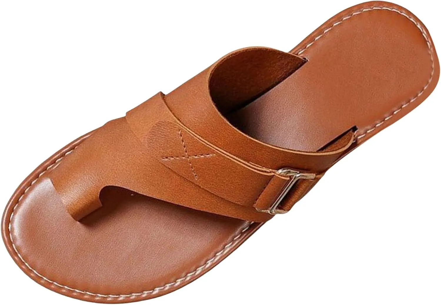 Leather Flat Sandals for Women Open Toe Ring Loop Strap Flip Flops Clip Toe Slip on Slide Sandals, Bunion Correction Leather Slippers Casual Outdoor Fashion Non Slip Footwear