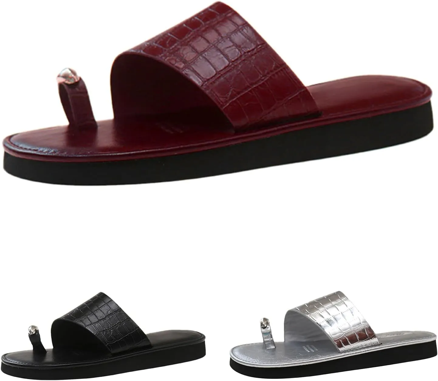 Leather Slides for Women Leather Ring Toe Flat Sandals Summer Round Open Toe Beach Sandals Comfortable Wide Width House Slippers