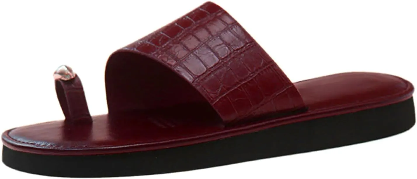 Leather Slides for Women Leather Ring Toe Flat Sandals Summer Round Open Toe Beach Sandals Comfortable Wide Width House Slippers