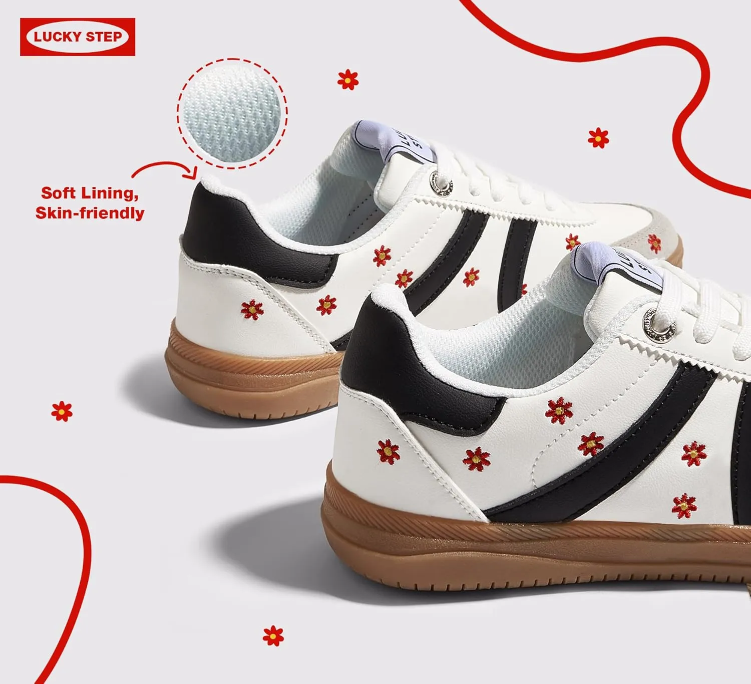 LUCKY STEP Women Classic Retro Tennis Sneakers Fashion Gum Sole Skate Casual Walking Shoe Anti Slip Floral Embroidery Comfortable Trainers