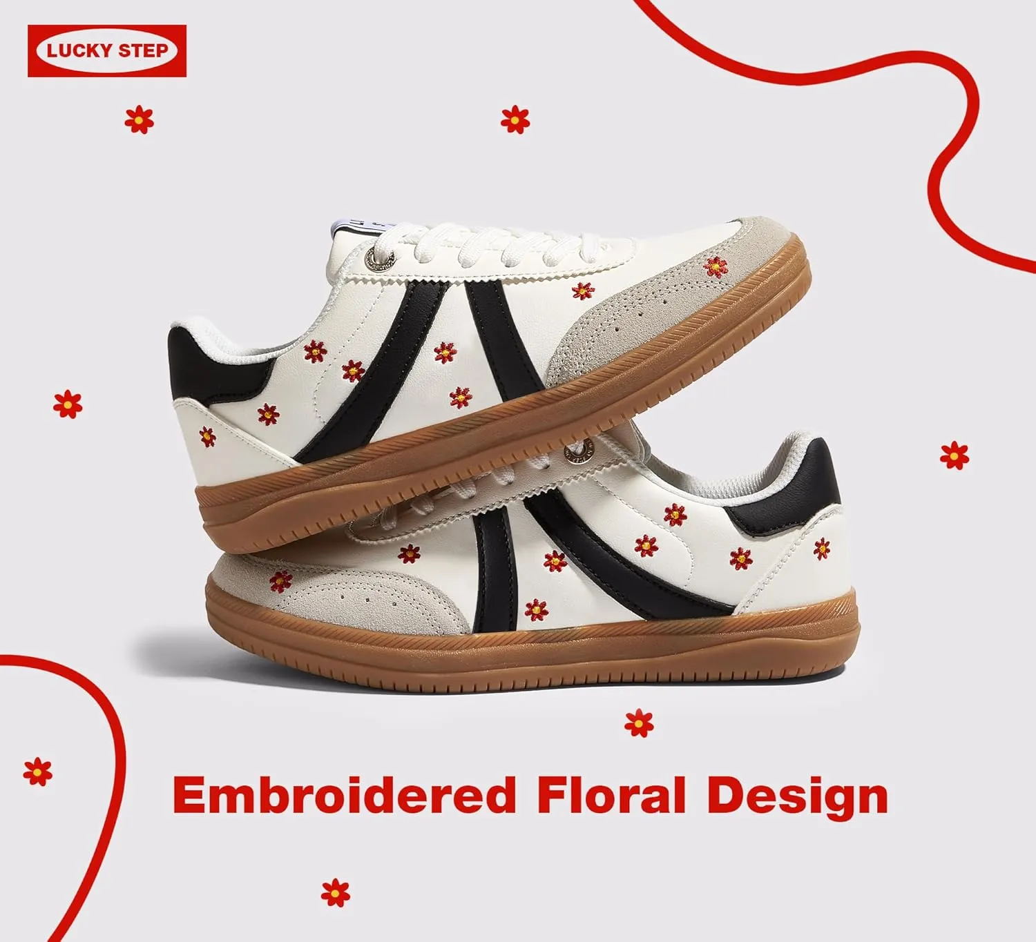 LUCKY STEP Women Classic Retro Tennis Sneakers Fashion Gum Sole Skate Casual Walking Shoe Anti Slip Floral Embroidery Comfortable Trainers