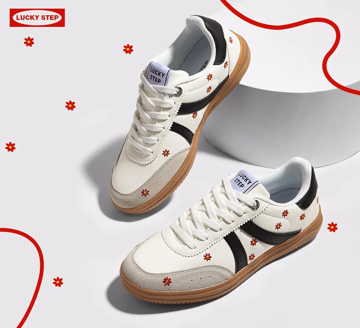 LUCKY STEP Women Classic Retro Tennis Sneakers Fashion Gum Sole Skate Casual Walking Shoe Anti Slip Floral Embroidery Comfortable Trainers