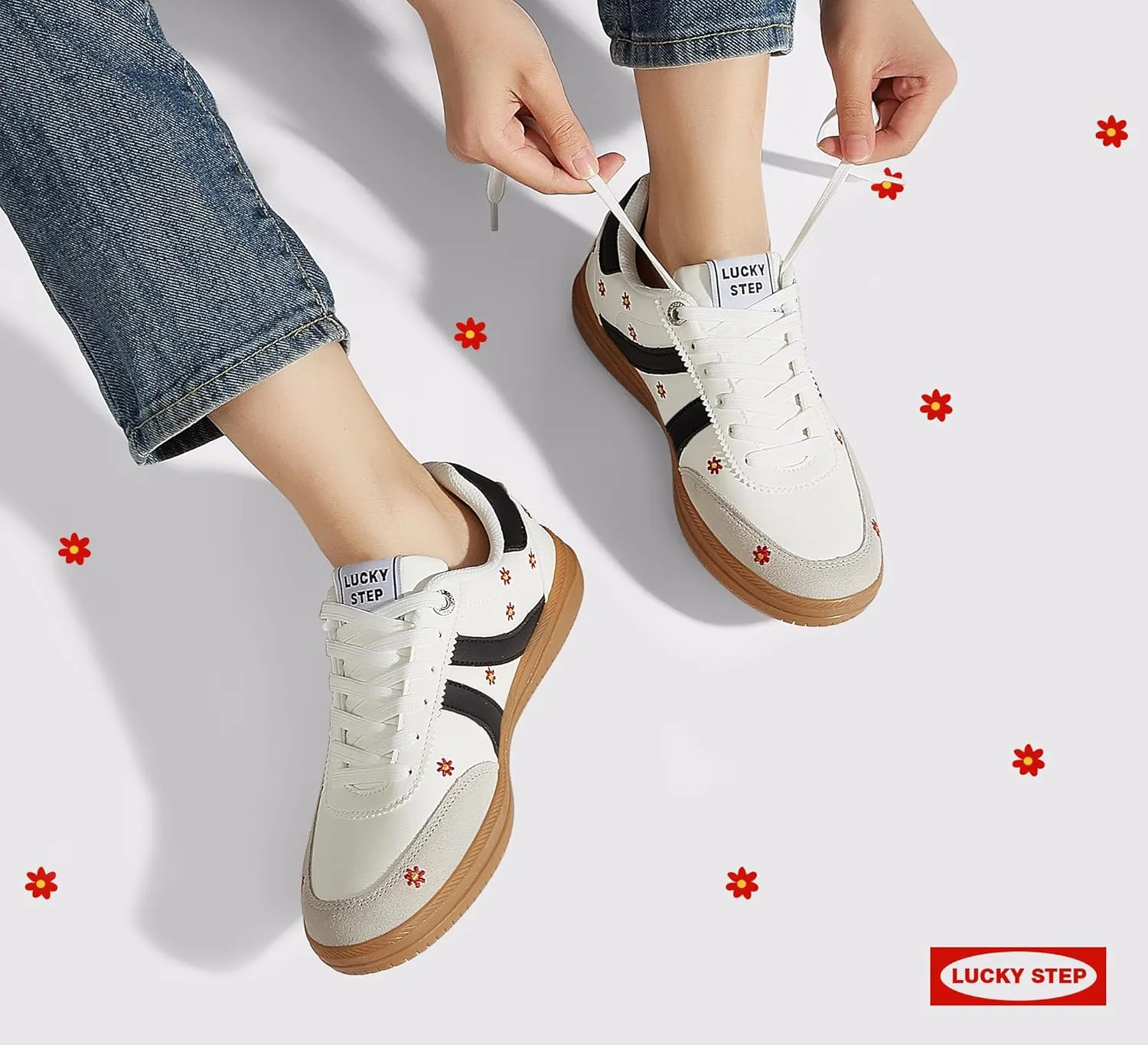 LUCKY STEP Women Classic Retro Tennis Sneakers Fashion Gum Sole Skate Casual Walking Shoe Anti Slip Floral Embroidery Comfortable Trainers