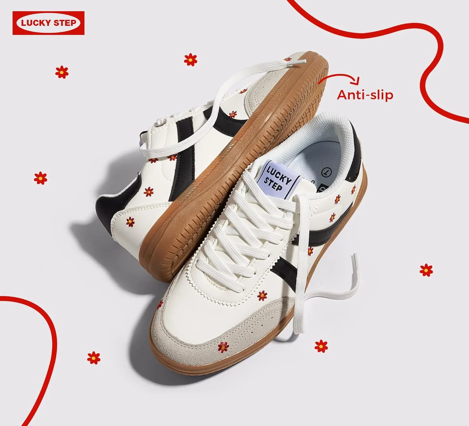 LUCKY STEP Women Classic Retro Tennis Sneakers Fashion Gum Sole Skate Casual Walking Shoe Anti Slip Floral Embroidery Comfortable Trainers