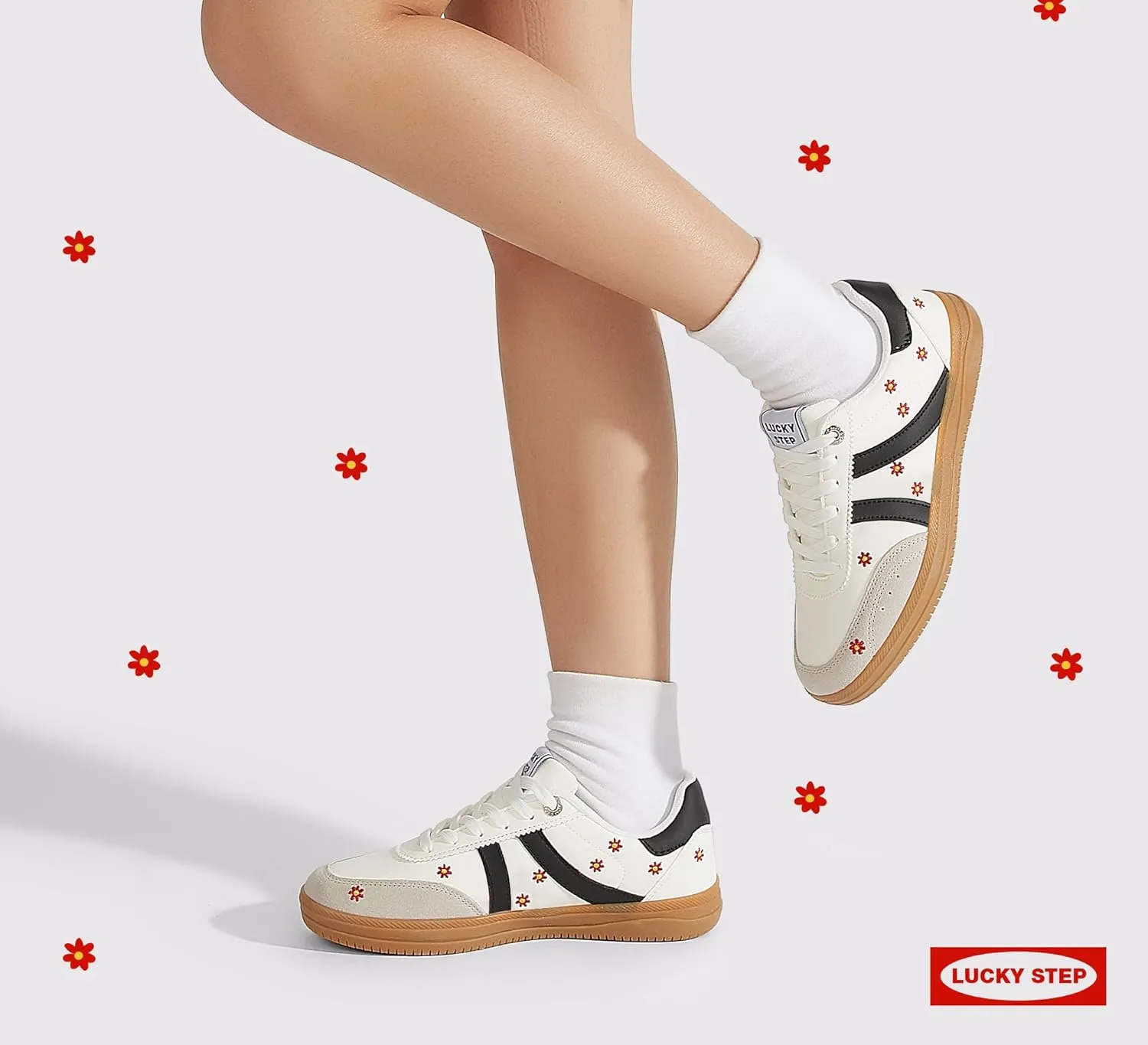 LUCKY STEP Women Classic Retro Tennis Sneakers Fashion Gum Sole Skate Casual Walking Shoe Anti Slip Floral Embroidery Comfortable Trainers