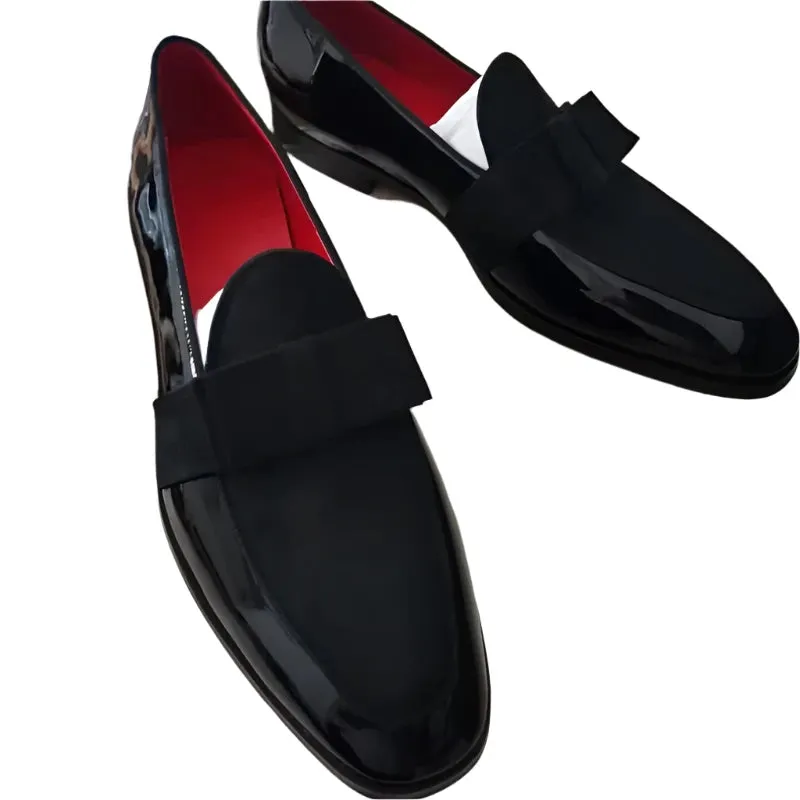 Luxury Italian-Style Black Patent Leather Loafers – Handmade Men's Dress Shoes with Bowtie, Perfect for Weddings & Parties