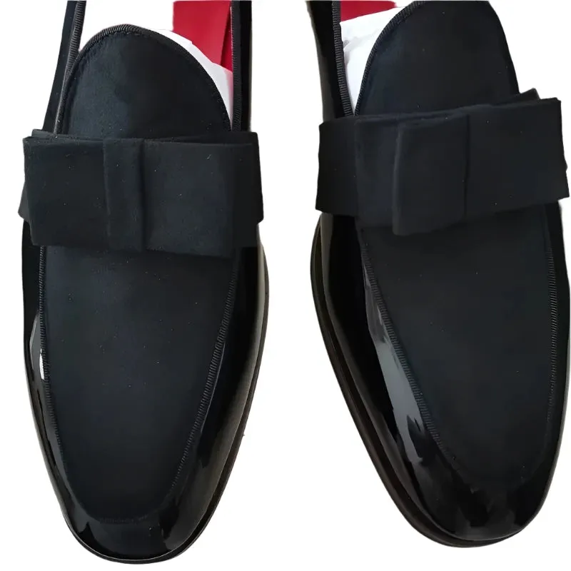 Luxury Italian-Style Black Patent Leather Loafers – Handmade Men's Dress Shoes with Bowtie, Perfect for Weddings & Parties