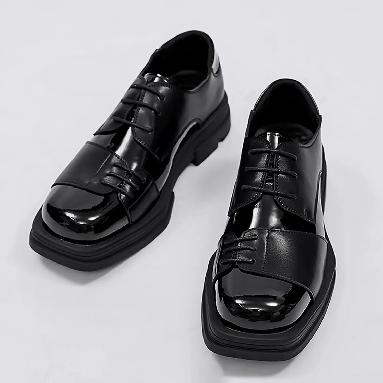 Men Casual Lace-Up Patent Leather Casual Shoes Trendy Thick Bottom Midheel Leather Business Shoes Outdoor Walking Shoes