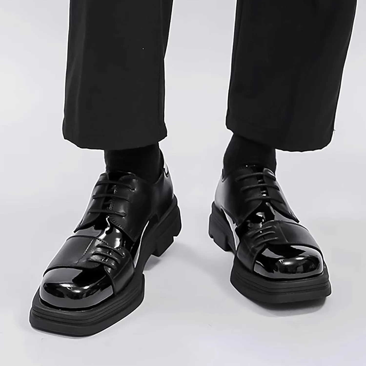 Men Casual Lace-Up Patent Leather Casual Shoes Trendy Thick Bottom Midheel Leather Business Shoes Outdoor Walking Shoes