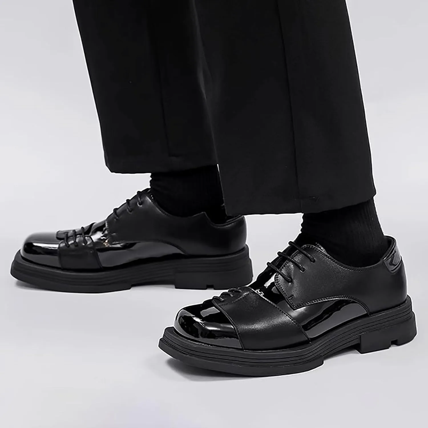 Men Casual Lace-Up Patent Leather Casual Shoes Trendy Thick Bottom Midheel Leather Business Shoes Outdoor Walking Shoes