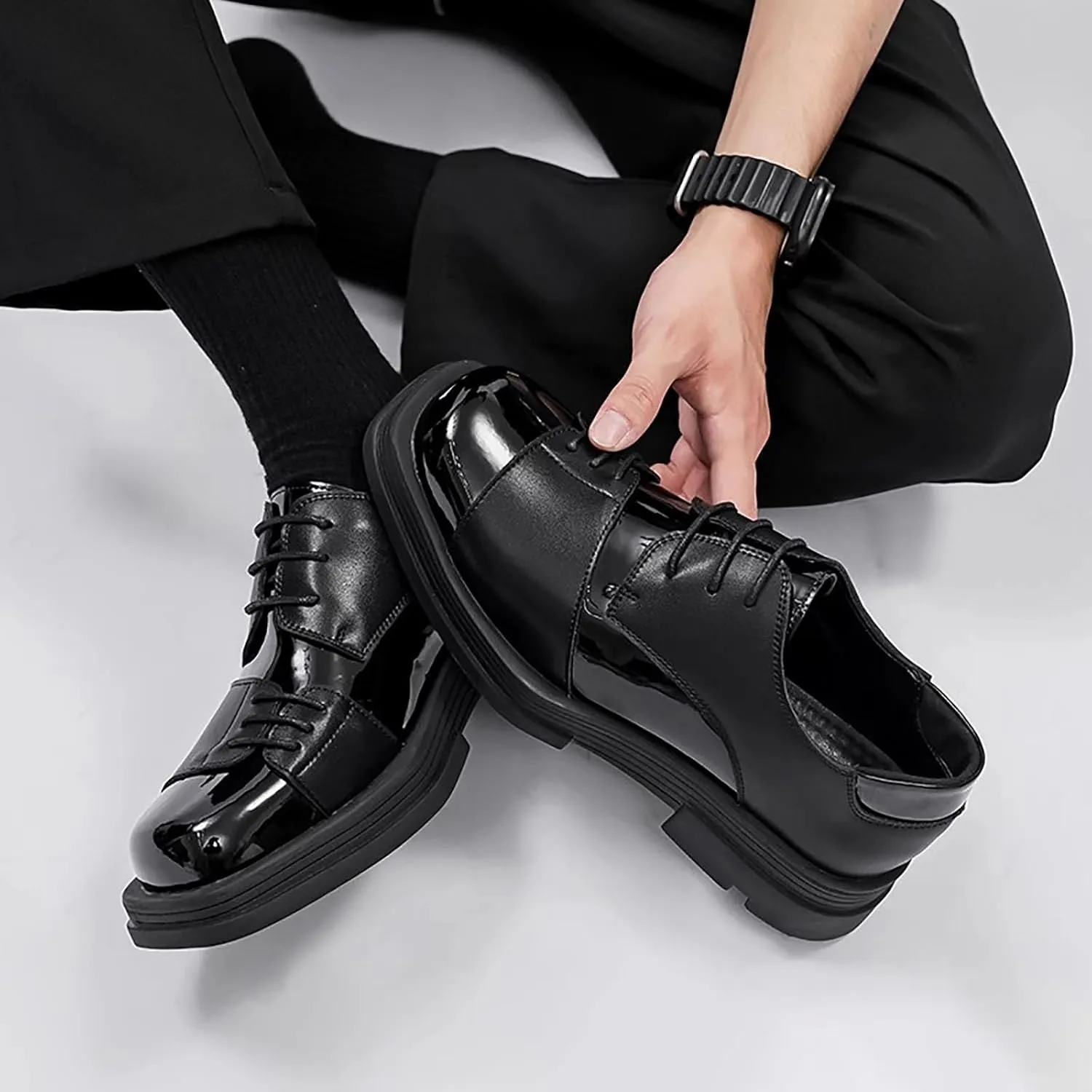Men Casual Lace-Up Patent Leather Casual Shoes Trendy Thick Bottom Midheel Leather Business Shoes Outdoor Walking Shoes