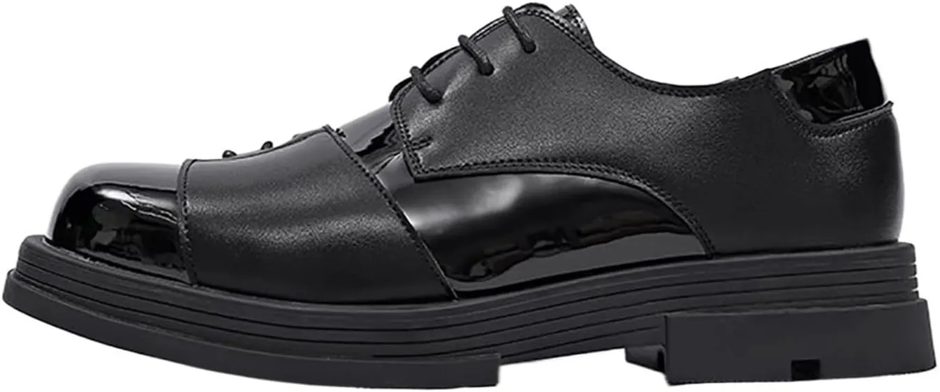 Men Casual Lace-Up Patent Leather Casual Shoes Trendy Thick Bottom Midheel Leather Business Shoes Outdoor Walking Shoes