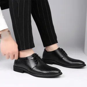 Men Leather Office Shoes, Breathable Hollow Oxford Dress Classic Pointed Toe Lace Up Business Wedding Tuxedo Brogue Comfortable Casual Formal Shoes