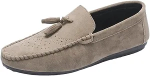 Men Moccasins Shoe Suede Vamp Vintage Business Round Toe Anti-Slip Rubber Sole Slip Resistant Block Heel Tuxedo Slip On