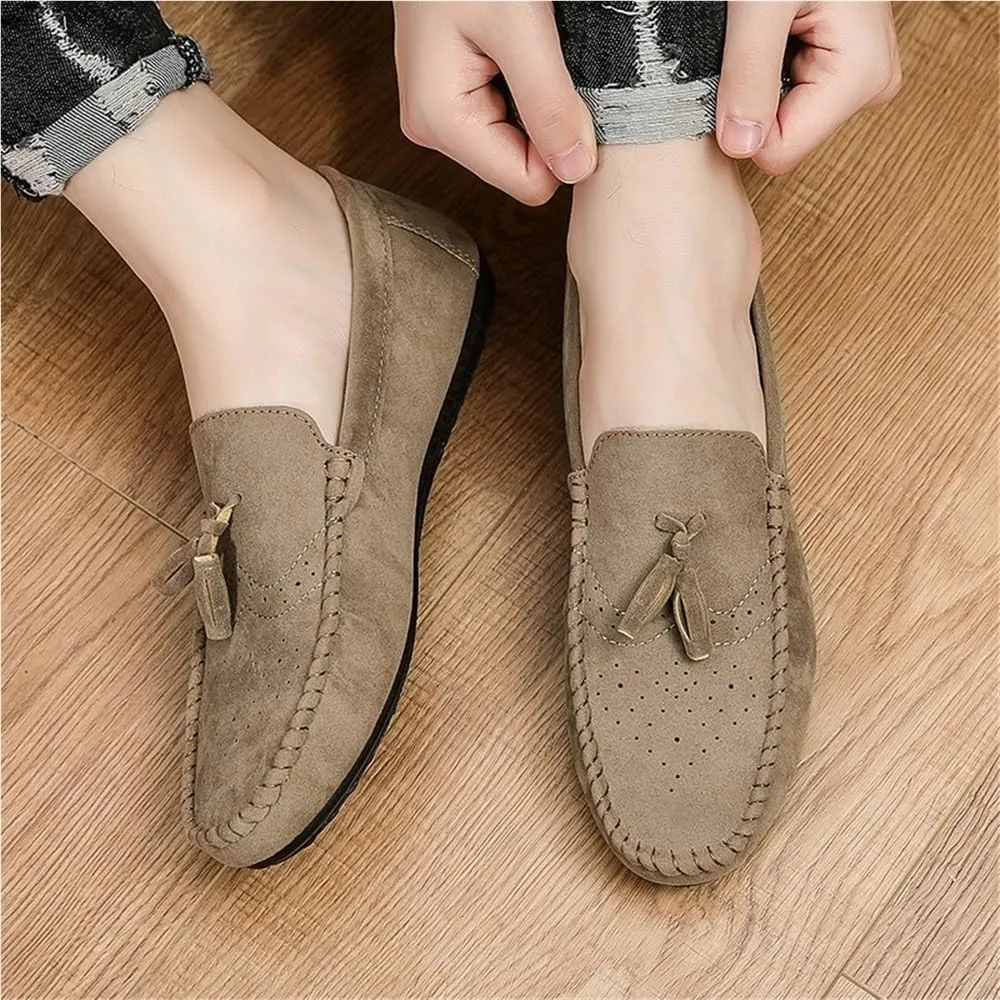 Men Moccasins Shoe Suede Vamp Vintage Business Round Toe Anti-Slip Rubber Sole Slip Resistant Block Heel Tuxedo Slip On