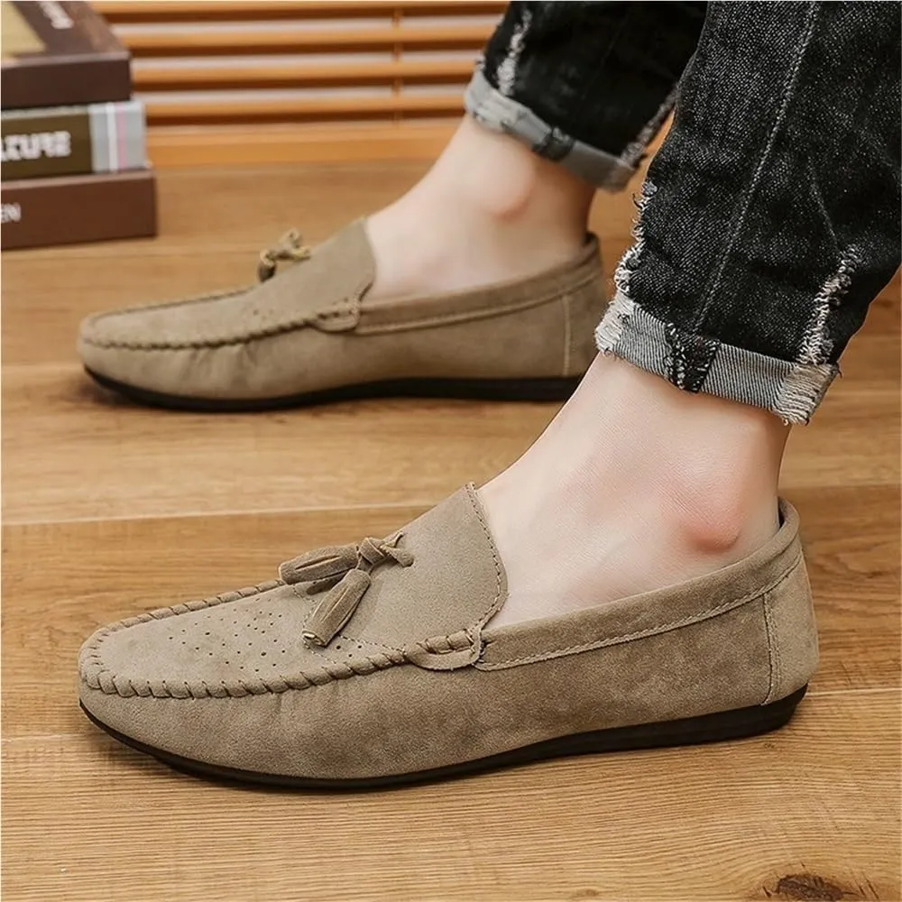Men Moccasins Shoe Suede Vamp Vintage Business Round Toe Anti-Slip Rubber Sole Slip Resistant Block Heel Tuxedo Slip On