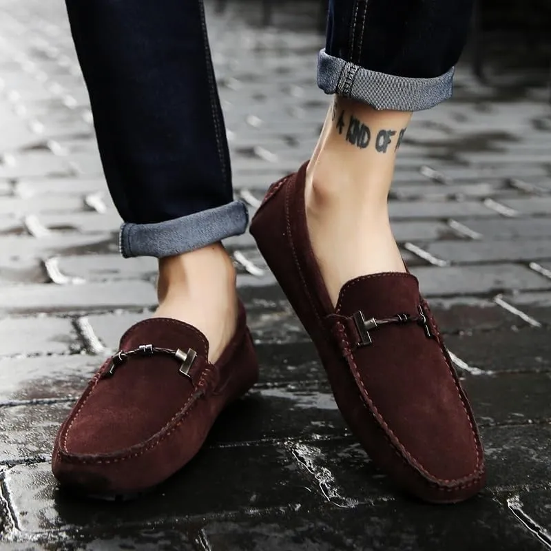 Men Shoes Suede Vamp Fashion Round Toe Solid Color Office Anti-Slip Non Slip Rubber Sole Block Heel Low Top Shoe Slip On