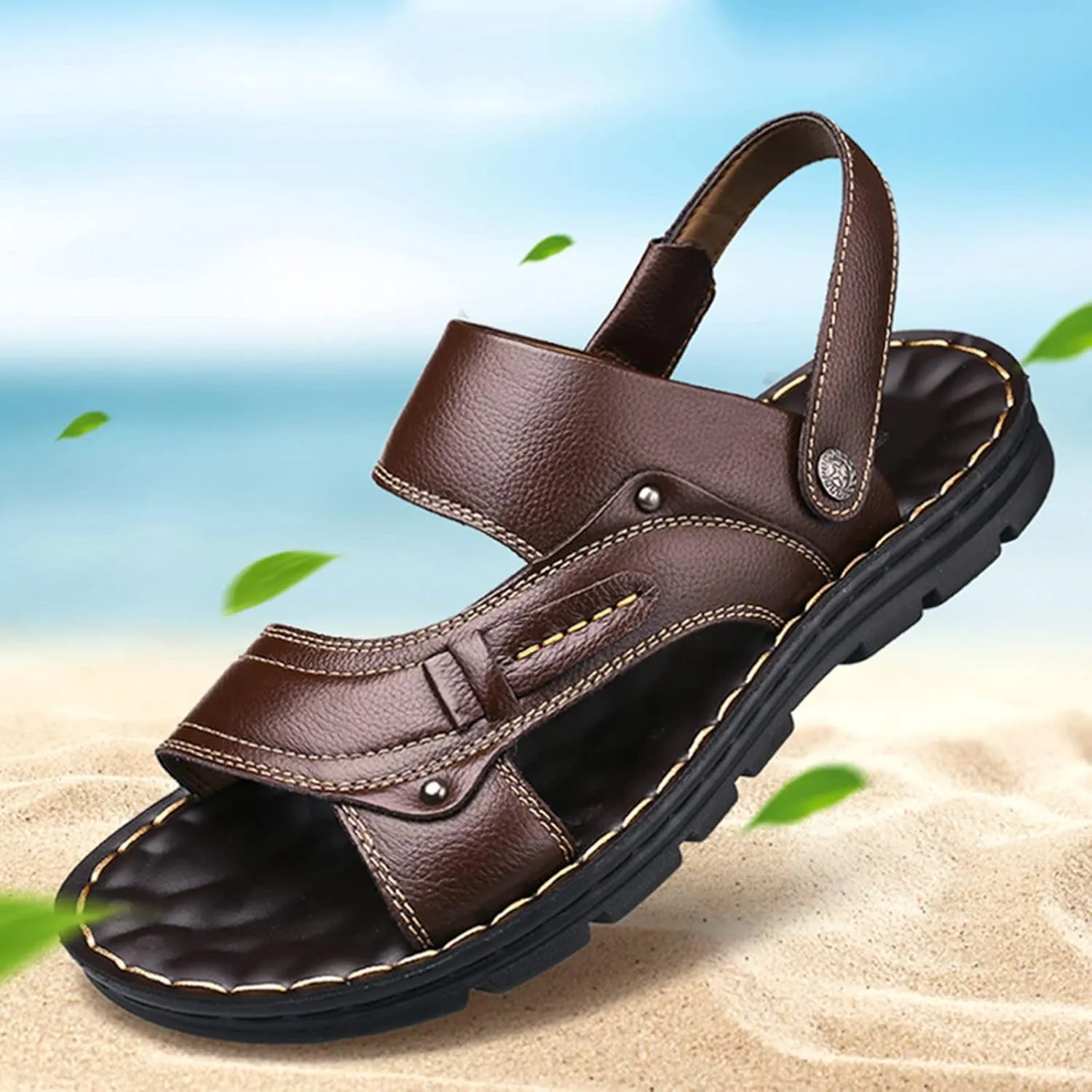 Men Summer Casual Leather Sandals Beach Shoes Slip Scallop Leather Sandals