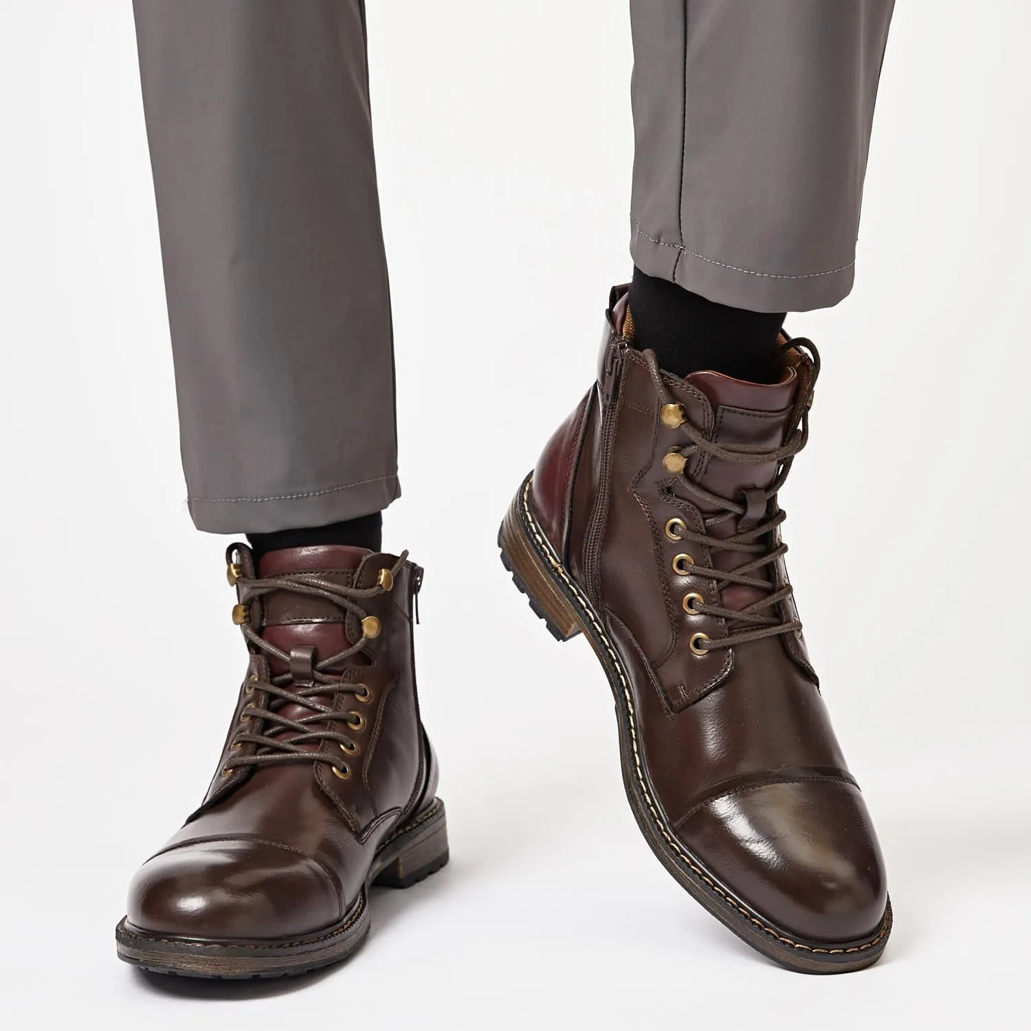 Men's Ankle Boots Motocycle Boots Lace-up Cap Toe Casual Chukka Boots with Side Zipper