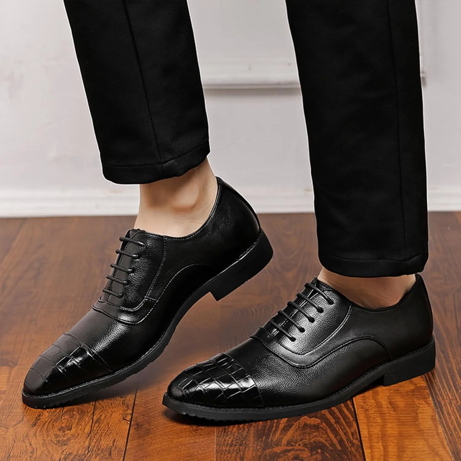 Men's Cap Toe Dress Oxford Shoes Fashion Printed Splicing Leather Lace-up Low Top Business Formal Shoes Casual Derby Oxfords