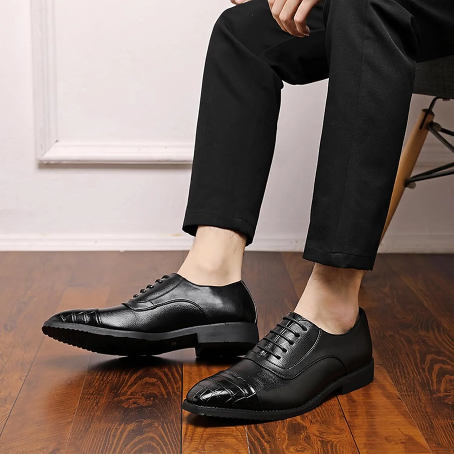 Men's Cap Toe Dress Oxford Shoes Fashion Printed Splicing Leather Lace-up Low Top Business Formal Shoes Casual Derby Oxfords
