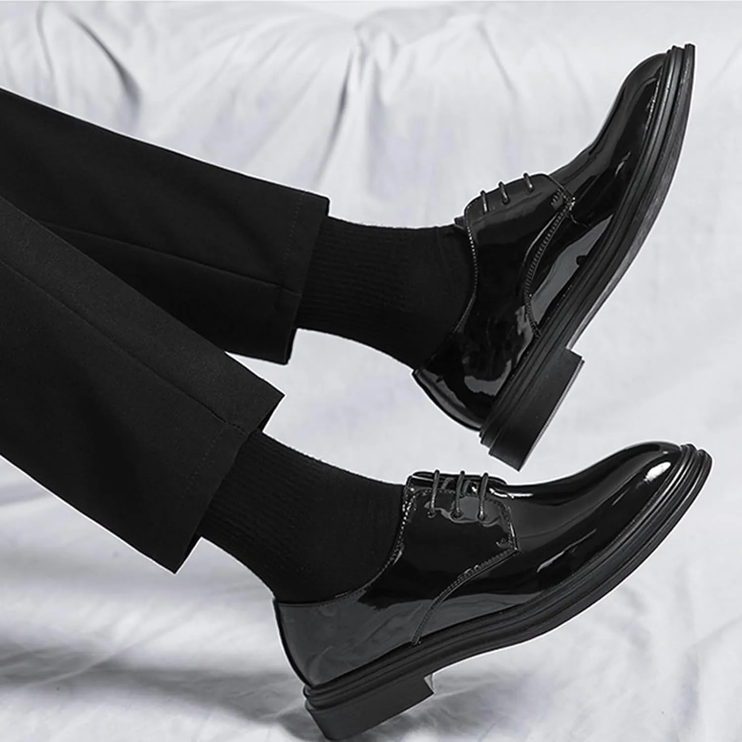 Men's Classic Lace Up Oxfords Dress Shoes,Fashion Pointed Toe Business Wedding Work Oxford Formal Shoes Faux Patent Leather Tuxedo Derby Shoes