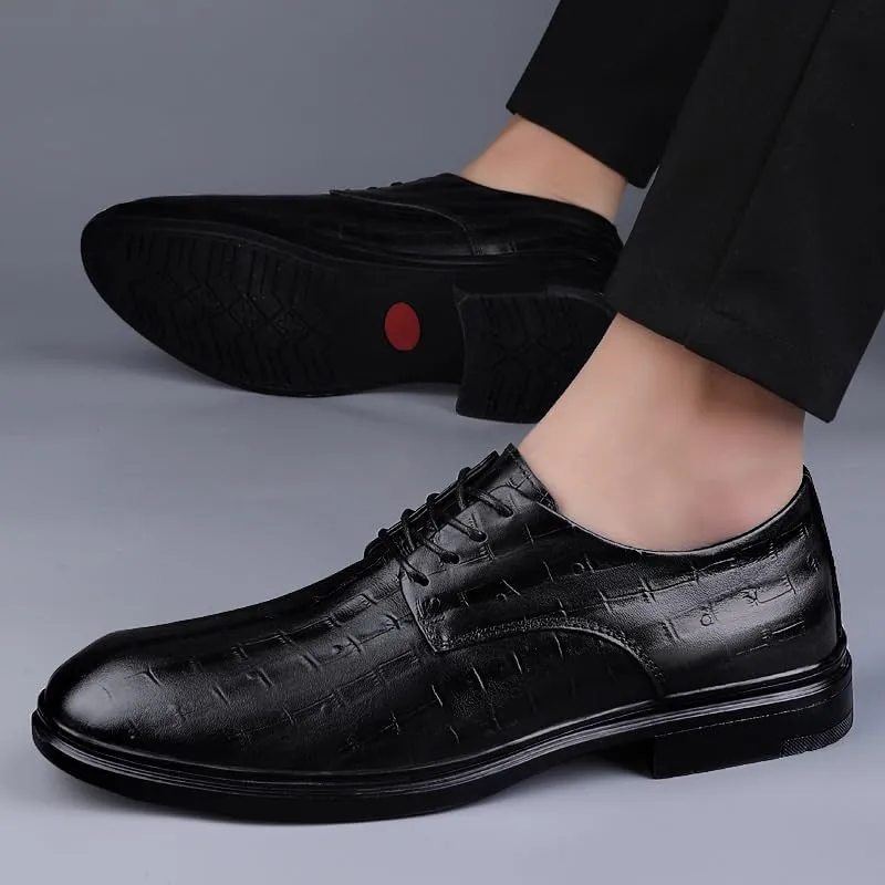 Mens Dress Oxford Formal Shoes Lace Up Uniform Cap Toe Design Burnished Leather Wedding Non Slip Block Heel Anti-Slip Slip Resistant Shoe