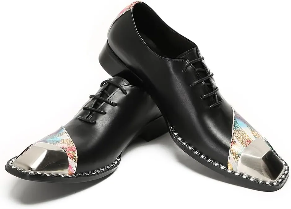 Men's Dress Oxford Shoes Black Leather Oxford Lace-Up Multicolor Snake Print with Metal Toe Cap Luxury Party Formal Shoes