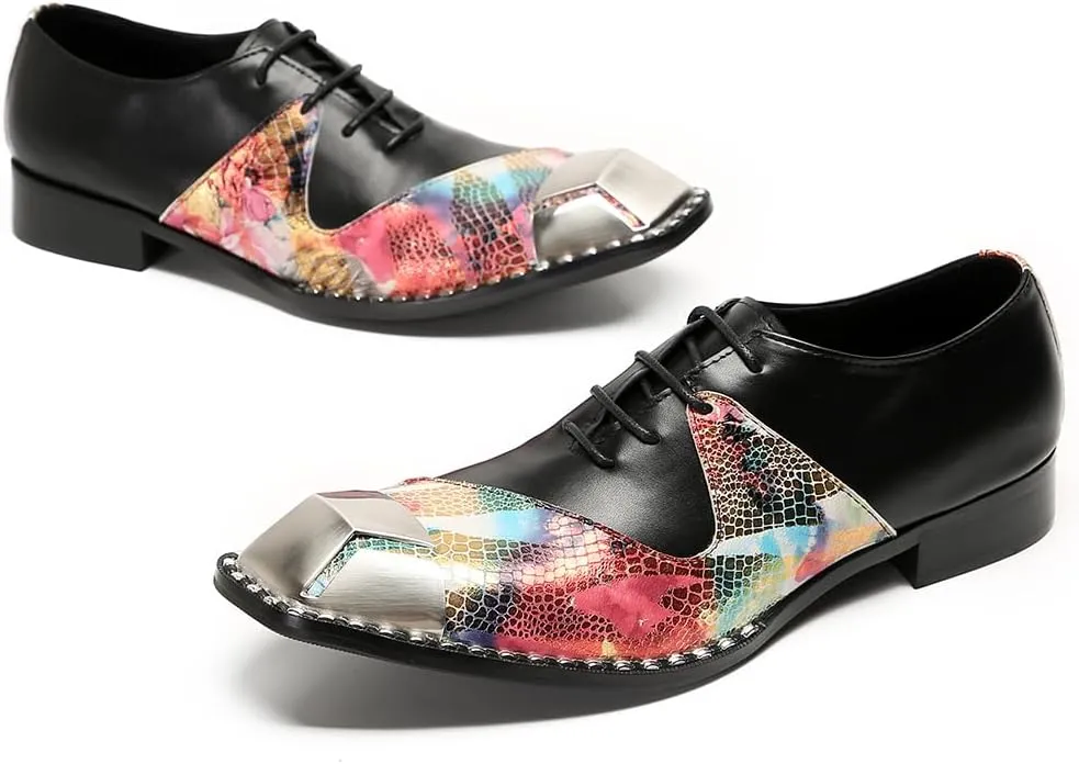 Men's Dress Oxford Shoes Black Leather Oxford Lace-Up Multicolor Snake Print with Metal Toe Cap Luxury Party Formal Shoes