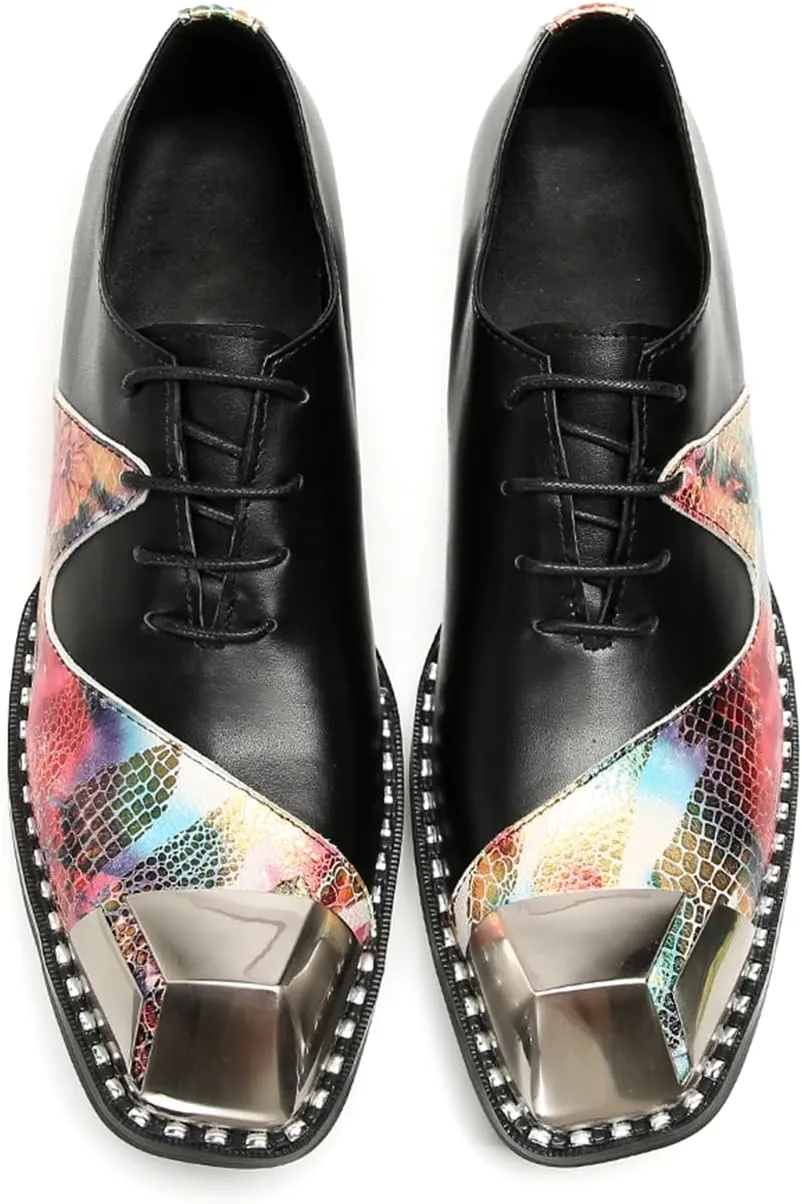 Men's Dress Oxford Shoes Black Leather Oxford Lace-Up Multicolor Snake Print with Metal Toe Cap Luxury Party Formal Shoes