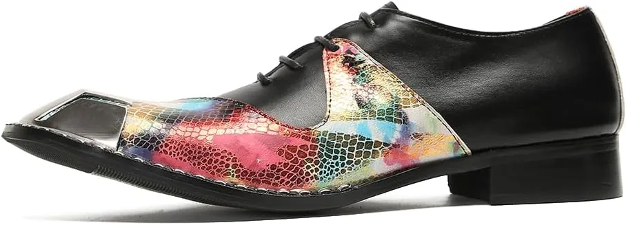 Men's Dress Oxford Shoes Black Leather Oxford Lace-Up Multicolor Snake Print with Metal Toe Cap Luxury Party Formal Shoes