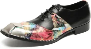 Men's Dress Oxford Shoes Black Leather Oxford Lace-Up Multicolor Snake Print with Metal Toe Cap Luxury Party Formal Shoes