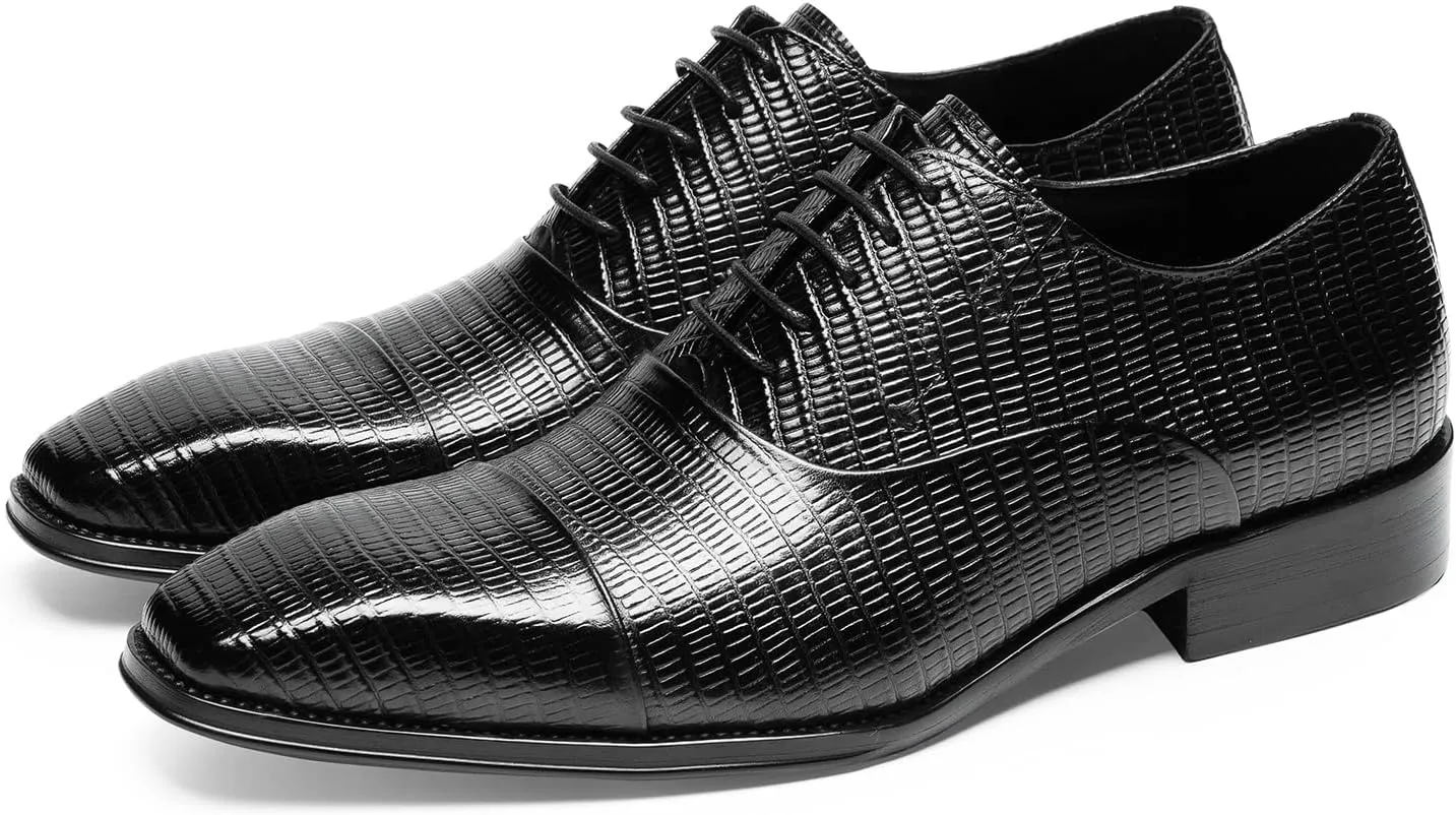 Men's Dress Shoes Cap Toe Oxford - Vertical Grain Embossed Full Grain Leather Business Formal Shoes for Men