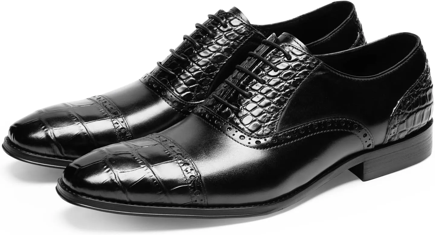 Mens Dress Shoes - Genuine Leather Crocodile-Embossed Oxfords | Cap Toe Formal Shoes withCasual