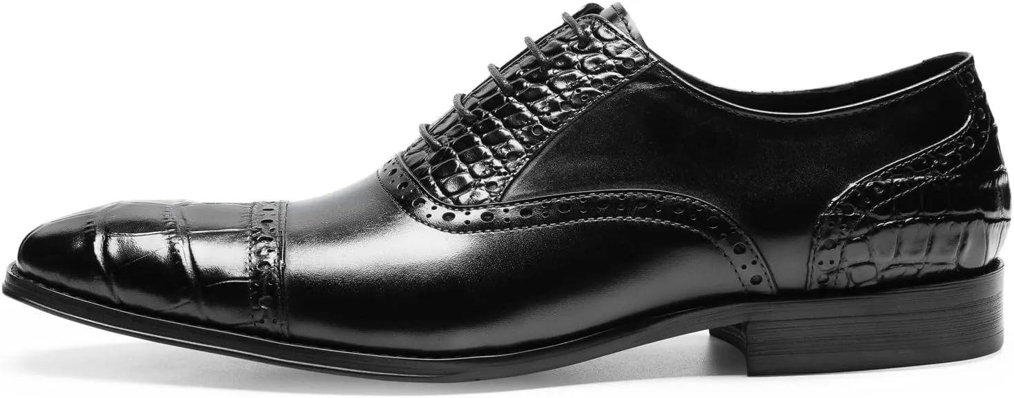 Mens Dress Shoes - Genuine Leather Crocodile-Embossed Oxfords | Cap Toe Formal Shoes withCasual
