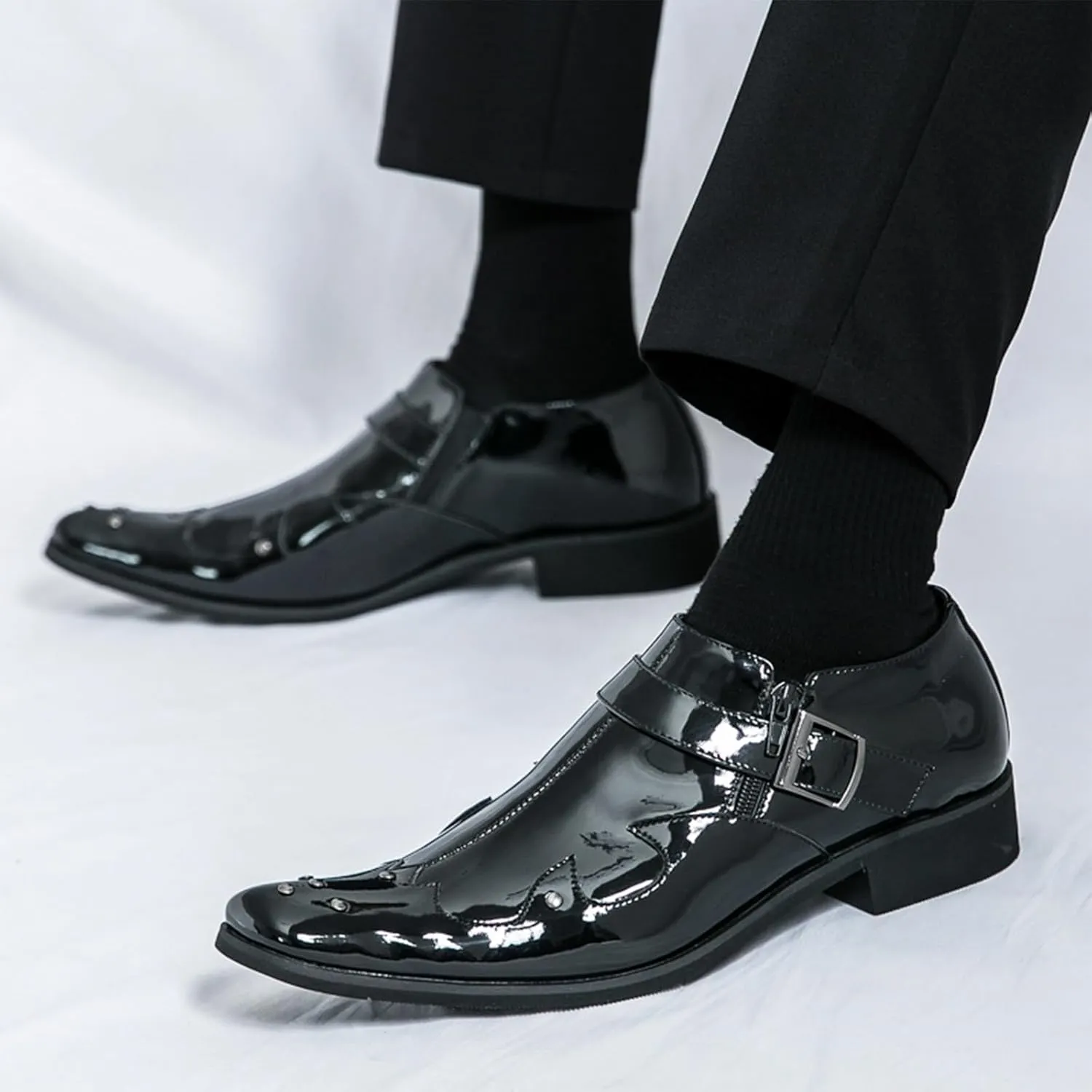 Men's Fashion Patent Leather Chelsea Dress Boots Soft Leather Lightweight Waterproof Low Heel Business Casual Shoes for Wedding Party