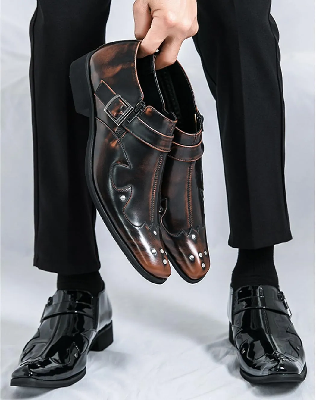 Men's Fashion Patent Leather Chelsea Dress Boots Soft Leather Lightweight Waterproof Low Heel Business Casual Shoes for Wedding Party