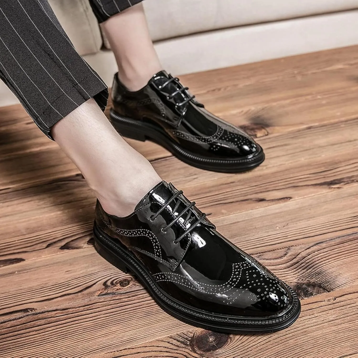 Men's Formal Oxford Shoes, Perforated Lace up Leather Shoes, Lightweight Casual Patent Leather Office Shoes