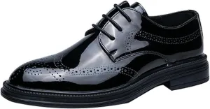 Men's Formal Oxford Shoes, Perforated Lace up Leather Shoes, Lightweight Casual Patent Leather Office Shoes
