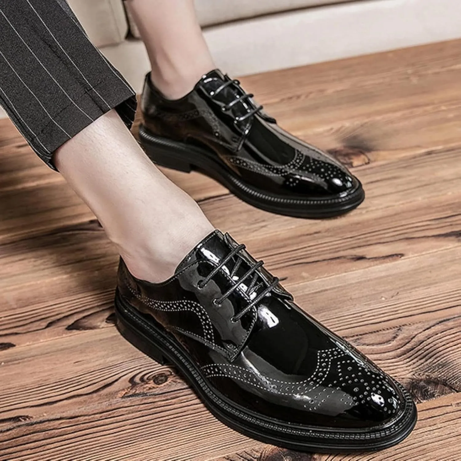 Men's Formal Oxford Shoes, Perforated Lace up Leather Shoes, Lightweight Casual Patent Leather Office Shoes