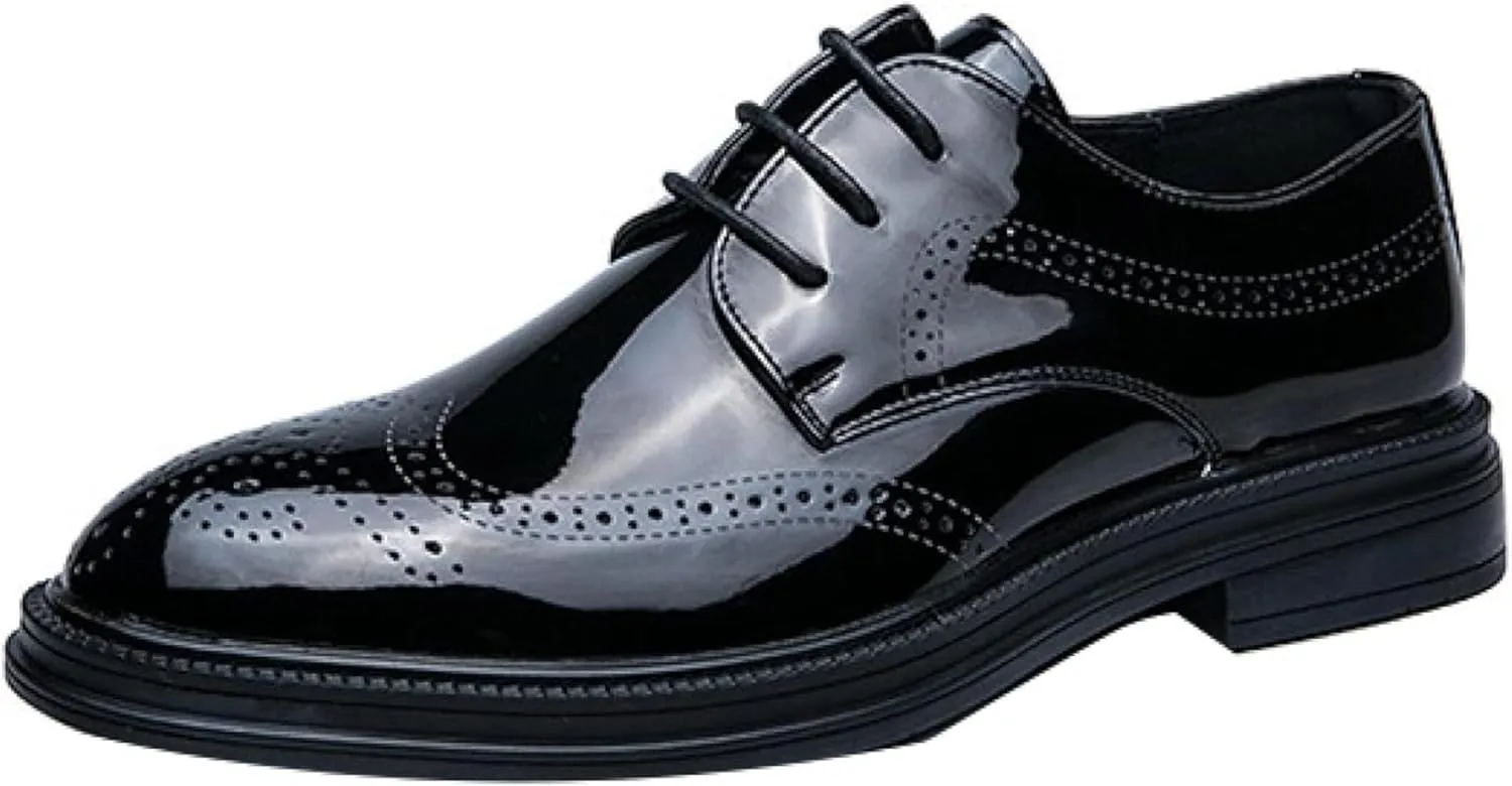 Men's Formal Oxford Shoes, Perforated Lace up Leather Shoes, Lightweight Casual Patent Leather Office Shoes