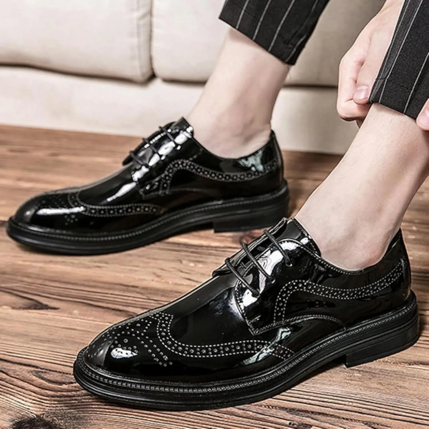 Men's Formal Oxford Shoes, Perforated Lace up Leather Shoes, Lightweight Casual Patent Leather Office Shoes