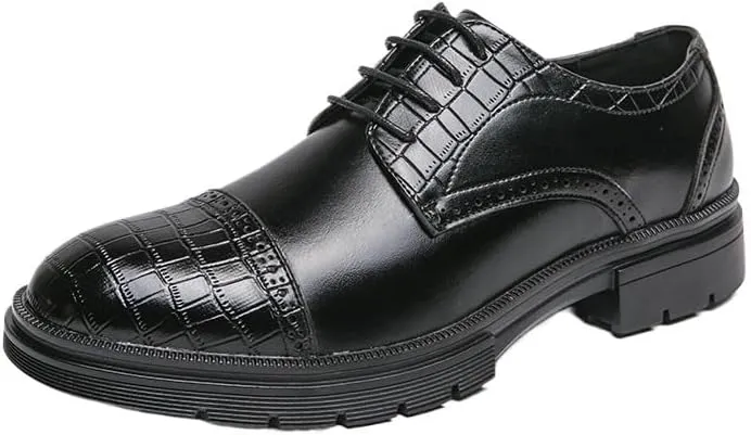 Men's Formal Shoes Classic Lace Up Tuxedo Plain Toe French Leather Non Slip Block Heel Anti-Slip Business