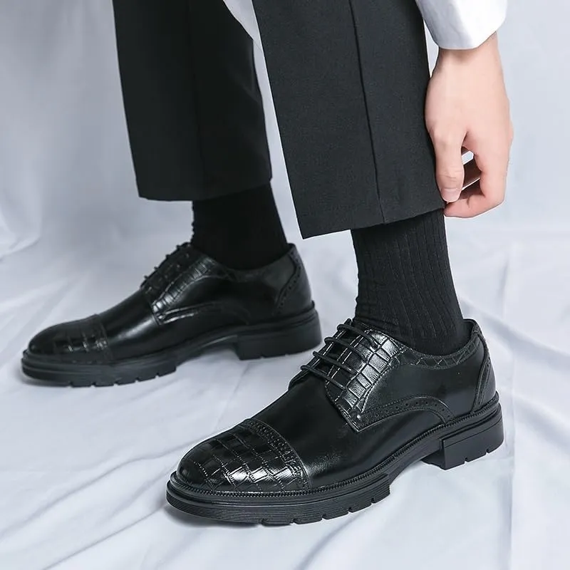 Men's Formal Shoes Classic Lace Up Tuxedo Plain Toe French Leather Non Slip Block Heel Anti-Slip Business