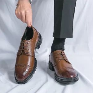 Men's Formal Shoes Classic Lace Up Tuxedo Plain Toe French Leather Non Slip Block Heel Anti-Slip Business